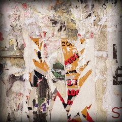 Fototapeta premium Old Billboard With Torn Poster, Paper, Ads, Stickers Frame Backgroun