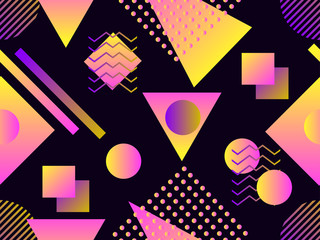 Memphis seamless pattern. Holographic geometric shapes, gradients, retro style of the 80s. Memphis design background. Vector illustration