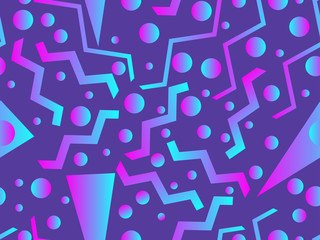 Memphis seamless pattern. Holographic geometric shapes, gradients, retro style of the 80s. Memphis design background. Vector illustration