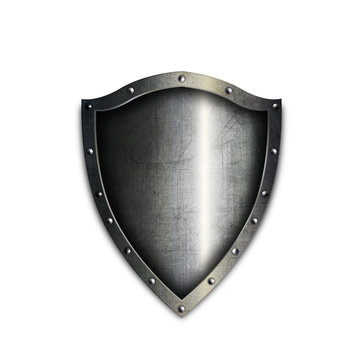 Medieval riveted shield on white background.