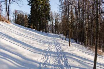 Photo of snowy landscape with blue sky and road in winter