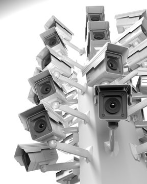 Many security cameras on the city pillar, big brother watching you. Surveillance CCTV camera. 3D rendering
