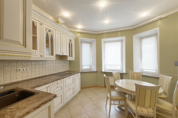 Modern design white kitchen in a spacious apartment.