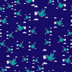  Dove carrying envelope pattern repeat seamless in blue color for any design.Bird delivers a message. Post pigeon