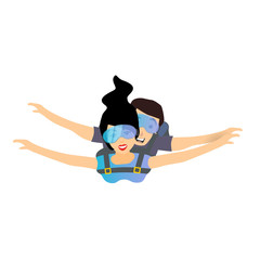 Skydiver man and woman flying. Parachutist characters. Tandem skydiving. Vector illustration isolated on white background