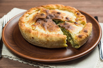 Greek pot pie spanakopita. Close up. 