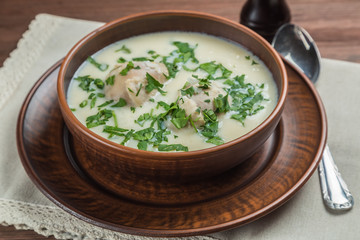 The Greek soup avgolemono. Close up