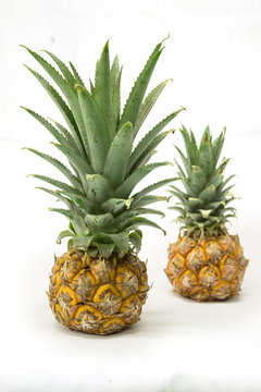 Close-up view of fresh ripe pineapple on a white background.