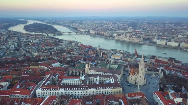 Budapest, Hungary - Aerial 4K drone footage of the skyline view of Budapest with Matthias Church, Parliament and other famous landmarks
