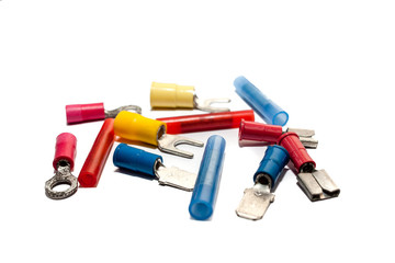 Electrical wire connector, Butt Splice connector, Ferrules, Fork Terminal, Pin Terminal, Ring Terminal, Wire Disconnect on white background.