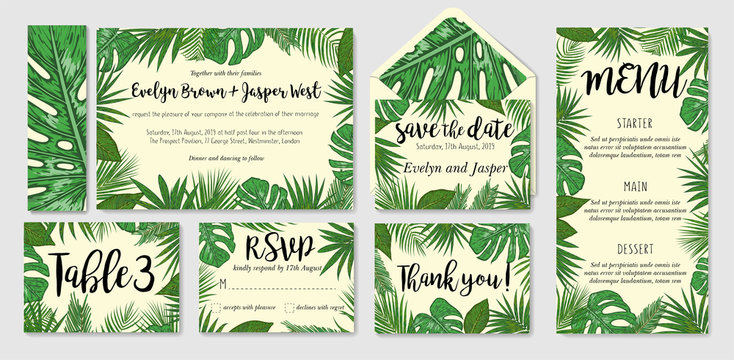 cards set with watercolor palm leaves; wedding design for invitation, Rsvp, menu, table number thank you, envelope, save the date guest card & label set
