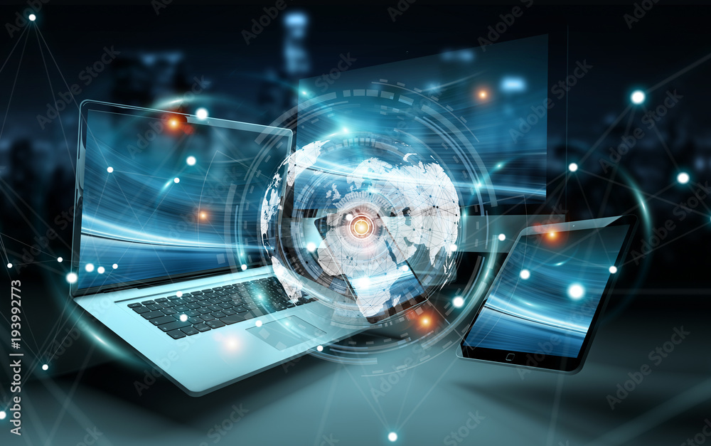 Fototapete worldwide server interface over modern tech devices 3d rendering