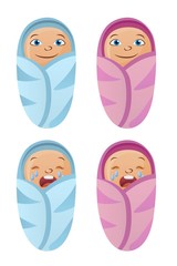 Set of baby,toddler in different colored clothes. Emotional newborn, sad and crying and happy baby. Vector character design isolated on white background