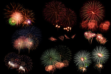 Collection of fireworks on black background.