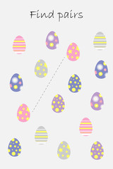 Find pairs of identical pictures, fun education game with easter eggs for children, preschool worksheet activity for kids, task for the development of logical thinking, vector illustration