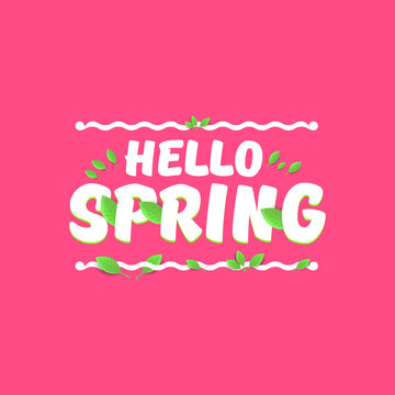 vector hello spring cut paper banner with text and flowers. hello spring slogan or label isolated on pink