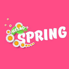 vector hello spring cut paper banner with text and flowers. hello spring slogan or label isolated on pink