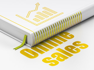 Advertising concept: closed book with Gold Growth Graph icon and text Online Sales on floor, white background, 3D rendering