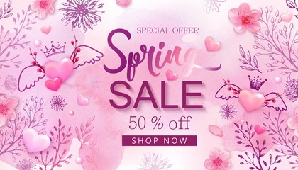 Spring sale banner with cherry blossoms, sakura