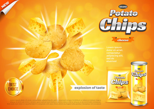 Chips Ads. Cheese Flavour Explosion Vector Background