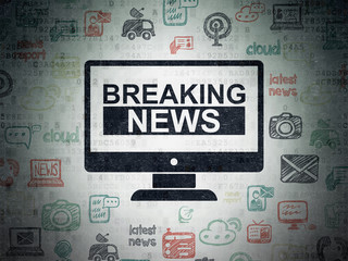 News concept: Painted black Breaking News On Screen icon on Digital Data Paper background with  Hand Drawn News Icons