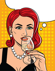 Vector illustration in comic art style of  pretty woman drinking an alcohol. Glamour lady with red hair holding glass with alcohol in her hand