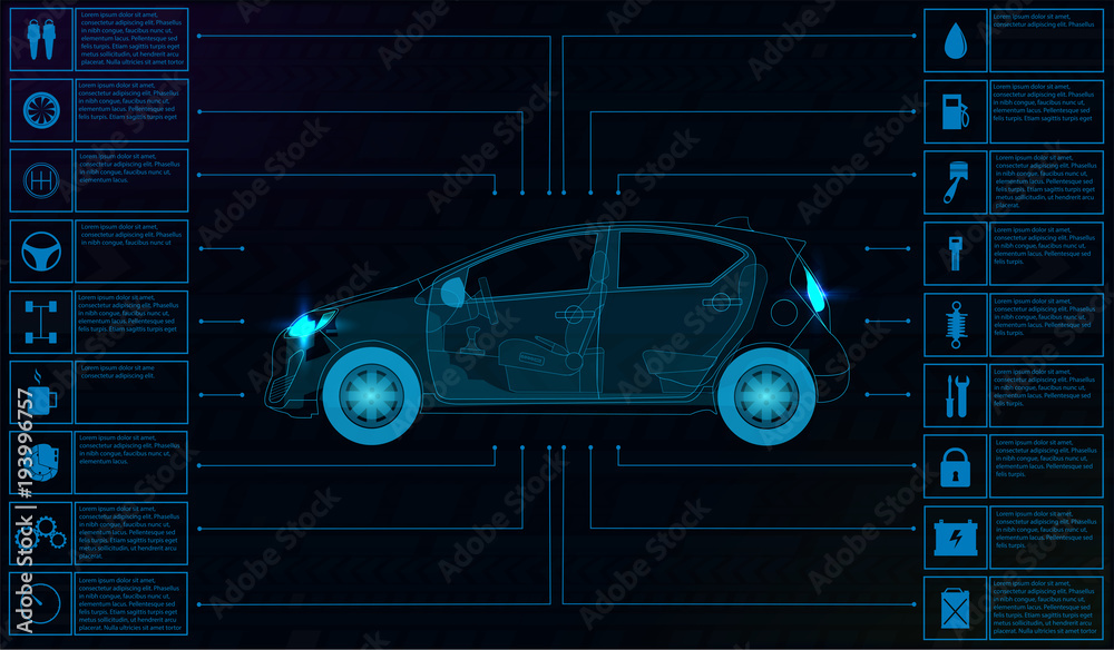 Poster Futuristic user interface. Car service in the style of HUD. Virtual graphical interface Ui HUD Autoscanning, analysis and diagnostics, Abstract vector science. Car auto service infographics.repair