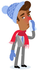 Vector illustration of an asian cartoon businessman with runny nose wearing scarf and winter clothes isolated on white background