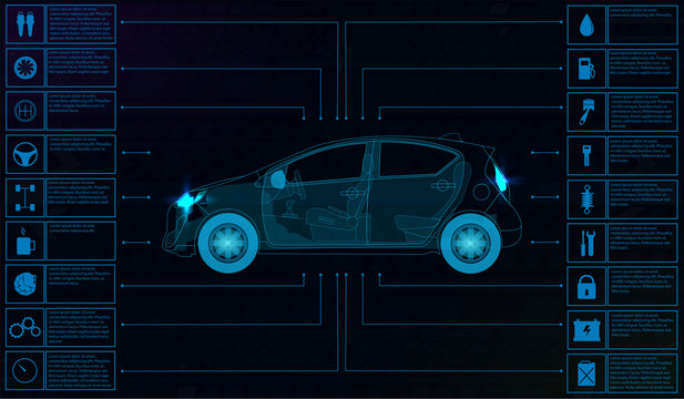 Futuristic user interface. Car service in the style of HUD. Virtual graphical interface Ui HUD Autoscanning, analysis and diagnostics, Abstract vector science. Car auto service infographics.repair