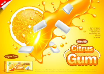 Citrus gum ads. Orange in juice splashes vector background