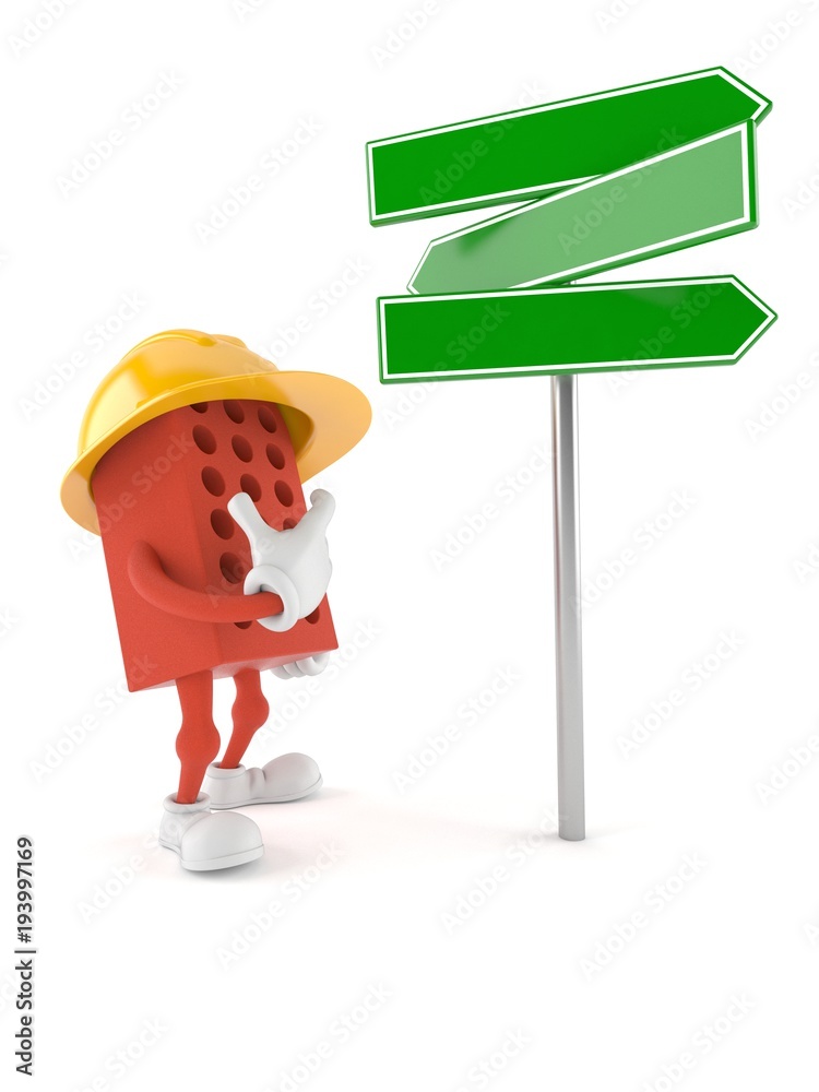 Sticker brick character with blank road sign