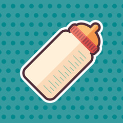 Baby bottle with scale sticker flat icon with color background.