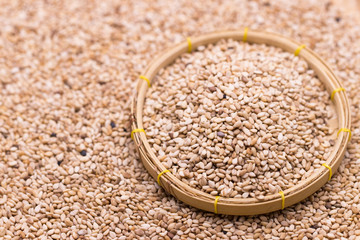white sesame in wooden spoon on sesame background.
