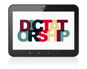 Politics concept: Tablet Computer with Painted multicolor text Dictatorship on display, 3D rendering