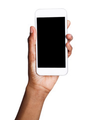 Black hand holding mobile smart phone with blank screen