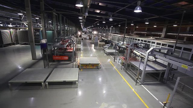 Ceramic tiles manufacturing , Ceramics Plant, production line, AGV transports products, Electrical Automated Guided Vehicles Platform, Automatic stacker, AGV, modern plant, Industrial interior