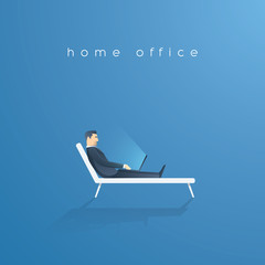 Fototapeta premium Business home office vector concept. Businessman working on laptop while sitting on sunbed, relaxed, happy and stress free.
