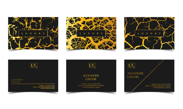 Luxury business cards set vector template, banner and cover with marble, lightning or cracked texture and golden foil details on black. Branding and identity graphic design