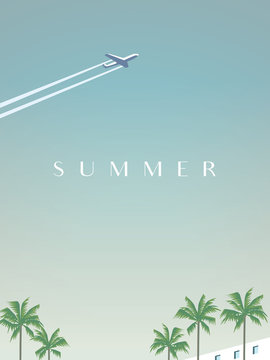 Fototapeta Summer traveling vector poster template with airplane flying over palm trees.