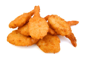 Breaded Butterfly Prawns - Deep fried battered prawns filled on white background