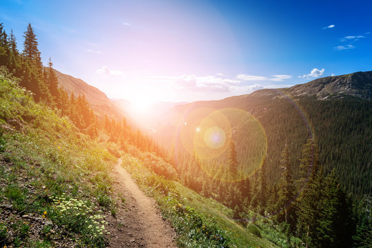 Fototapeta Dirt path hiking trail climbs through the Colorado mountains with the colorful light of the bright sun shining over the distant horizon