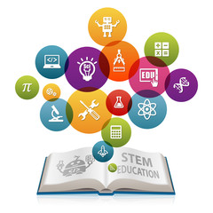 STEM Education Concept with open book. Science Technology Engineering Mathematics. © arrow