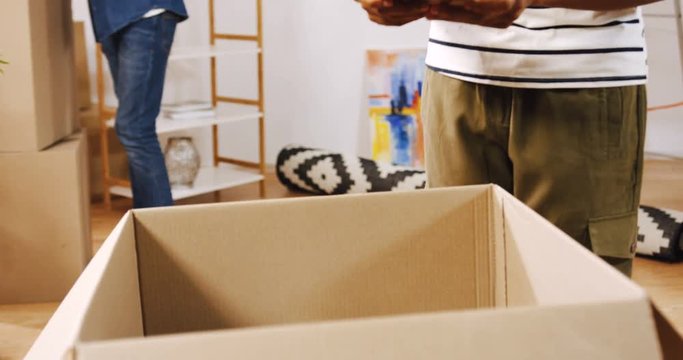 Close up of the beautiful young African American woman unpacking the carton box with home stuff and her boyfriend coming to her and looking at the picture while they moving in the new flat. Inside