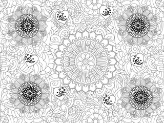 Vector Monochrome Floral Pattern. Hand Drawn Floral Texture, Decorative Flowers, Coloring Book