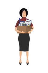 Office worker with a box of stationery in the hands. Sad young woman holding office supplies. Concept: employee was fired, lost his job. Vector illustration on a white background