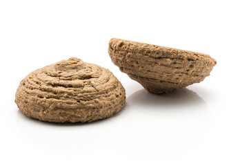 Cocoa oat cookies two drop shape brown crispy biscuits isolated on white background.
