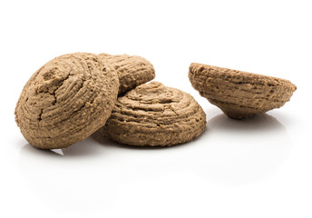 Cocoa oat cookies isolated on white background four drop shape brown crispy biscuits.