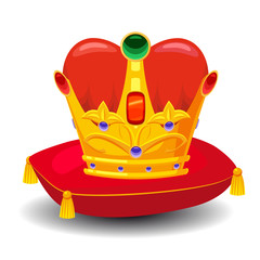 Gold crown with precious stones, on red pillow, cartoon style, vector illustration