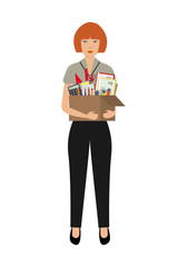 Office worker with a box of stationery in the hands. Sad young woman holding office supplies. Concept: employee was fired, lost his job. Vector illustration 