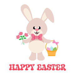 cartoon easter bunny with tie and basket easter egg and flowers with text